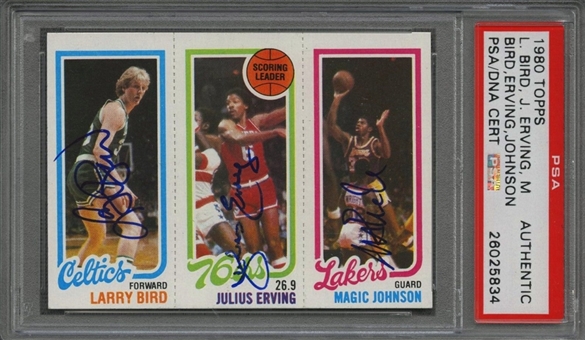 1980-81 Topps Larry Bird, Julius Erving and Magic Johnson Rookie Card – Signed by All Three Hall of Famers! - PSA/DNA Authentic
